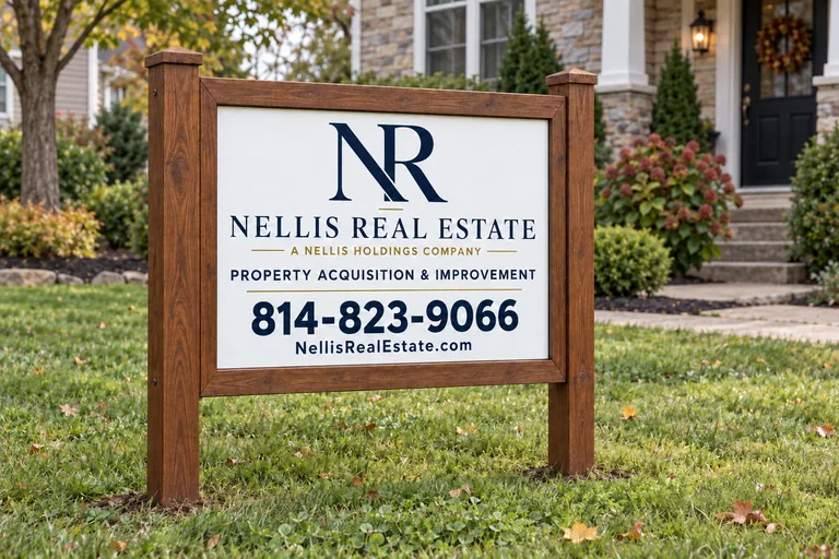 A Nellis Real Estate sign standing in a grassy front yard.