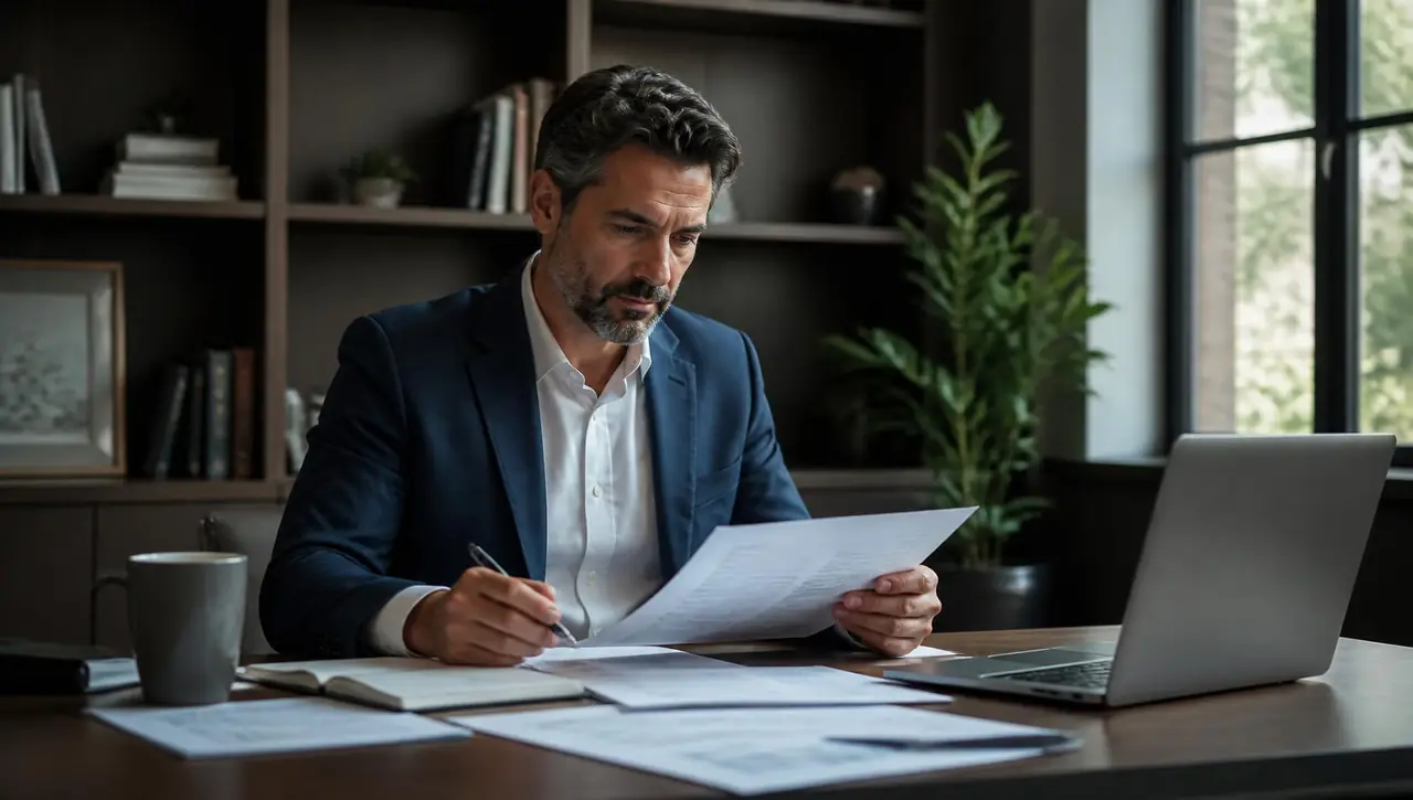 Owner reviewing financial documents while evaluating an acquisition offer from Nellis Holdings