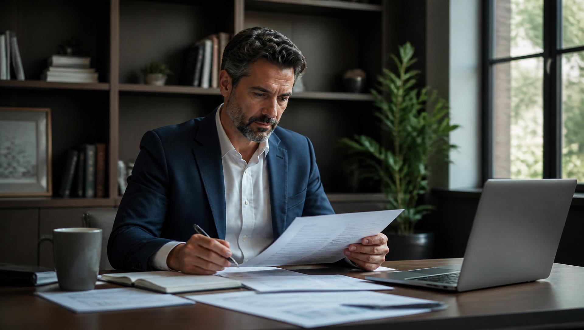 Owner reviewing financial documents while evaluating an acquisition offer from Nellis Holdings