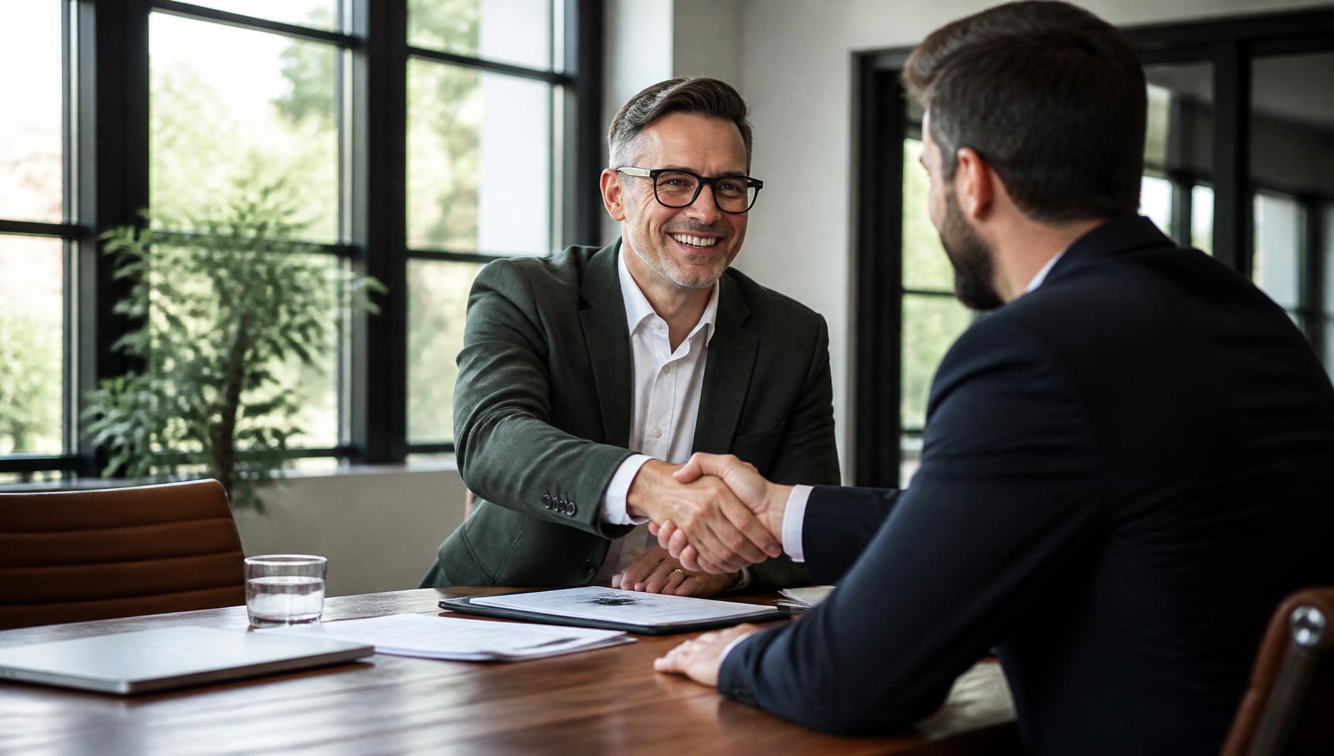 Business owner and buyer shaking hands after agreeing on a long-term business succession